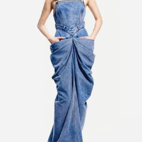 Elegant Denim Maxi Dress: Vintage Bodycon Sleeveless Ruched Design for Summer 2024
